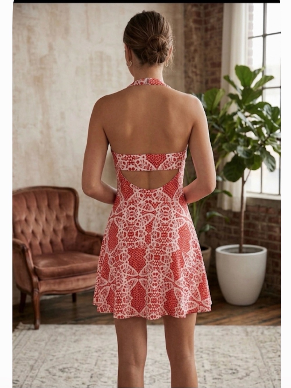 Parker Dress Red Whit Floral Print Skater halter S